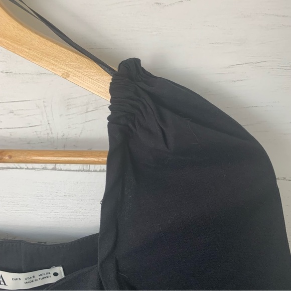 Zara Linen Blend Cut Out Top Black Puff Shoulders Cropped Small - Picture 7 of 16